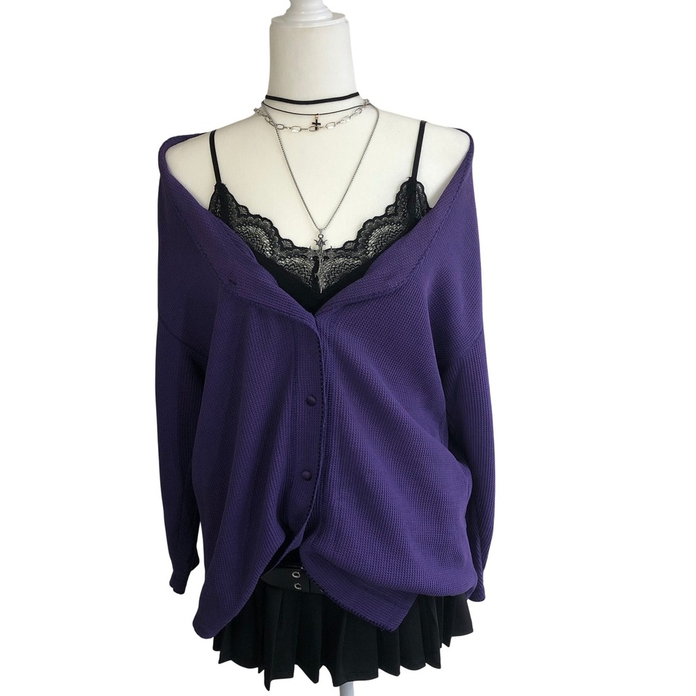 Vintage 90s Victoria Secret Pink Heart Tag Waffle Knit Cardigan Sweater Purple M